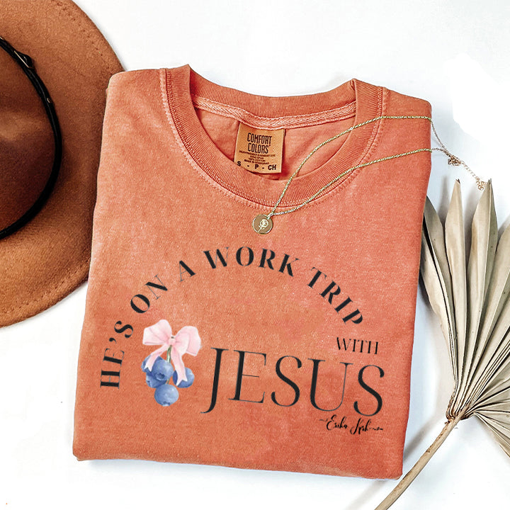 He's on a Work Trip with Jesus Christian Comfort Color, Blueberry Budget Sweater, Inspired By Erika Kirk, Christian Gift